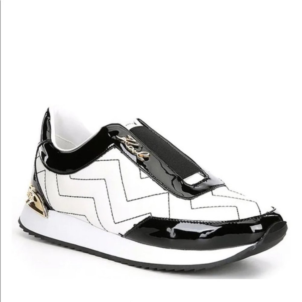 Karl Lagerfeld Logo Sneakers Black Paten Gold Quilted Low Tops 9